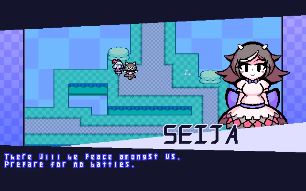 Screenshot aus Yuuma Game: Dialog mit Seija, die in diesem Spiel immer das Gegenteil sagt.