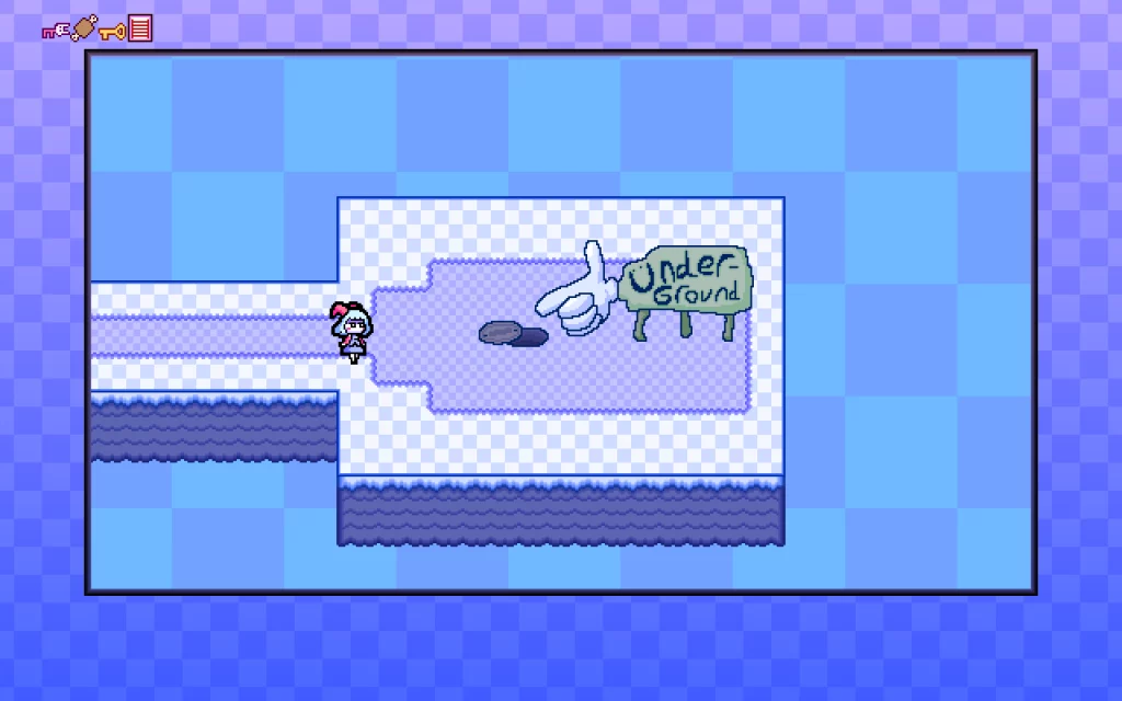 Screenshot aus Yuuma Game: Ein sehr auffälliges Schild neben einem Loch kündigt den "Ünterground" an, und eine absurd große Hand am Schild deutet auf das Loch.