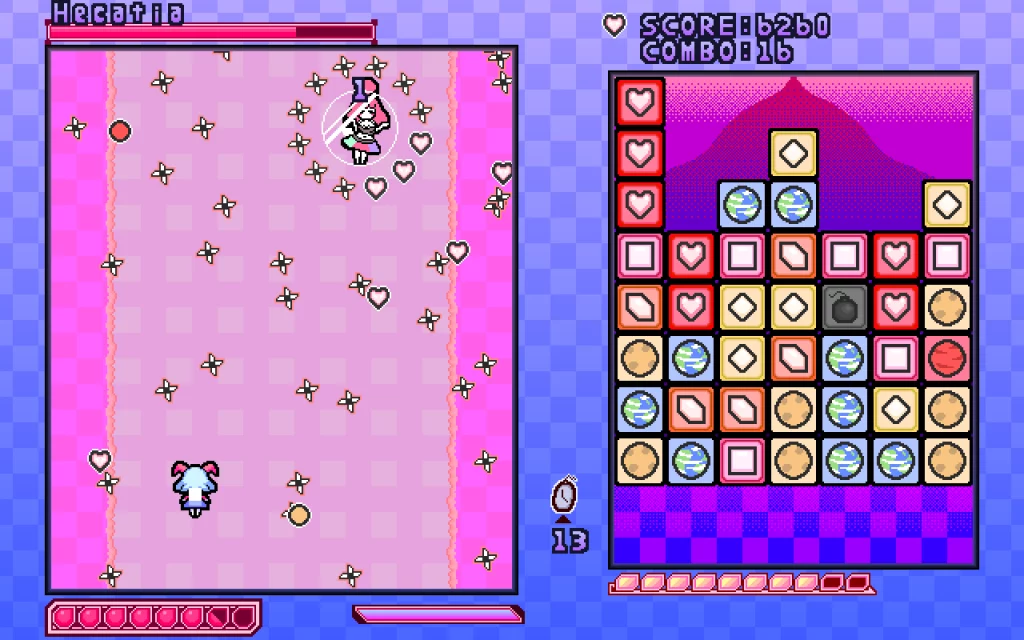 Screenshot aus Yuuma Game: Gameplay mit Hecatia. Hecatia lässt einen Regen aus Kugeln los, während in Yuumas Bauch Hecatias drei Welten als Blöcke liegen.