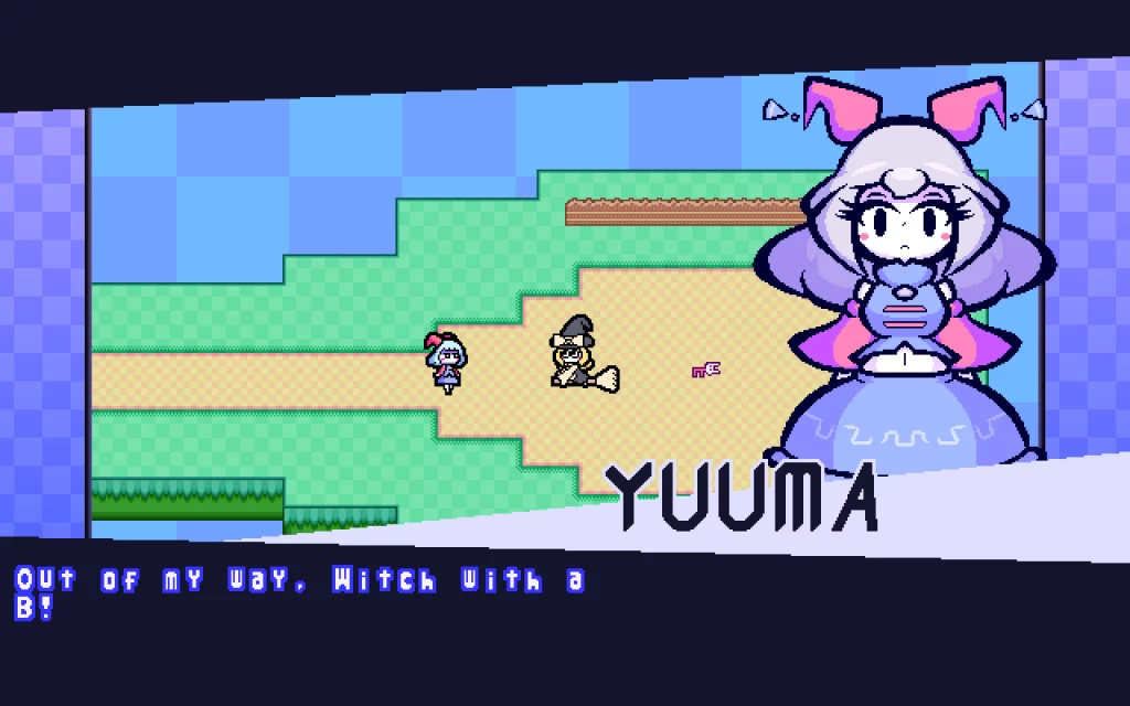 Screenshot aus Yuuma Game: Dialog mit Marisa, in dem letztere von Yuuma als "witch with a B" bezeichnet wird.