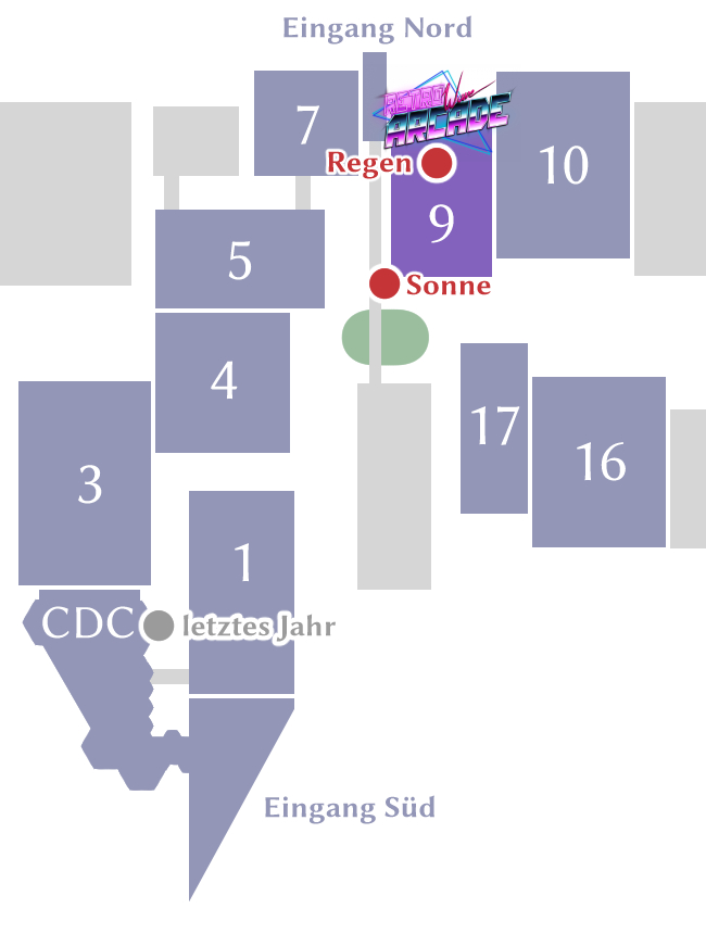 Vereinfachte Karte der DoKomi mit dem Treffpunkt der Foren-Meetups bei Halle 9