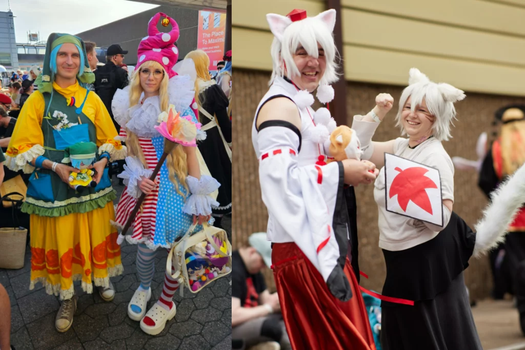 Zwei Fotos von je zwei Cosplayern: Keiki, Clownpiece und zwei posierende Momijis