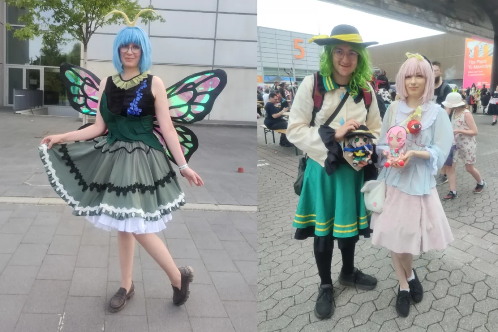 Zwei Fotos von drei Cosplayern: Eternity Larva sowie Koishi und Satori