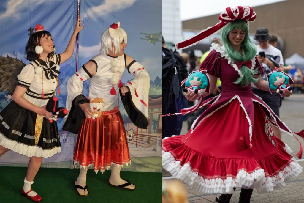 Zwei Fotos von drei Cosplayern: Aya und Momiji posieren, Hina dreht sich mit fliegendem Rock